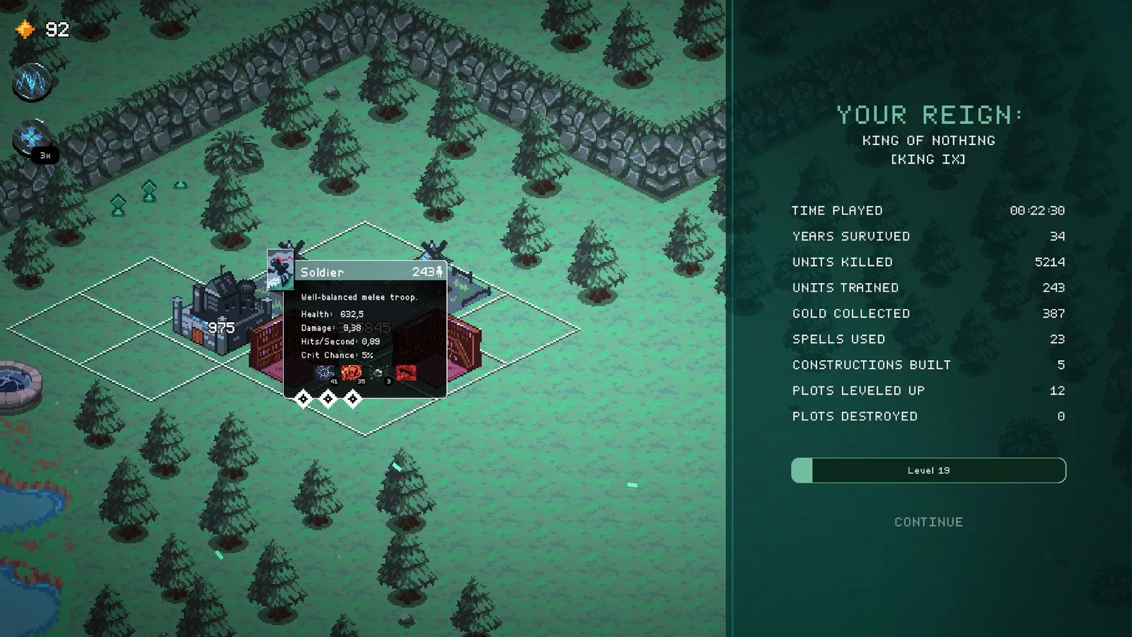 Soldier tooltip over a compact kingdom with support buildings