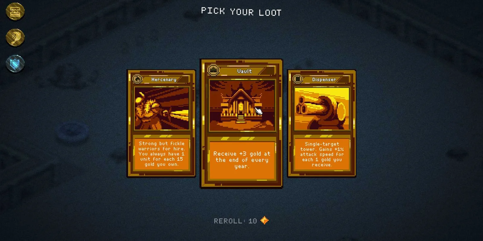 Mercenary, Vault and Dispenser cards in the reward interface
