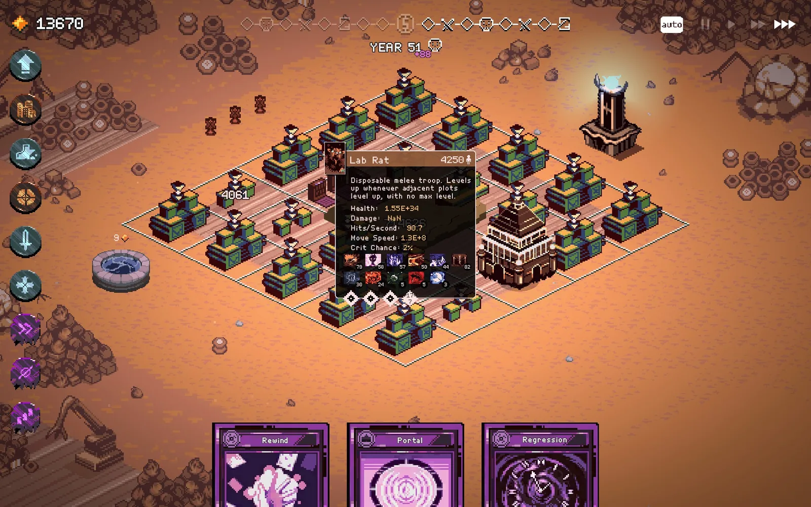 Lab Rat tooltip showing connected growth plots and a NaN damage readout