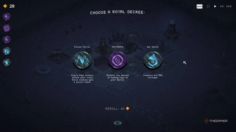 Royal Decree choices including Poison Thorns, Exploration and War Horns