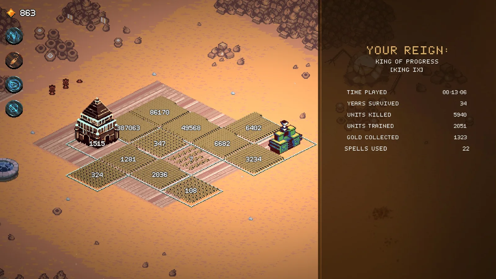 Expanded Progress kingdom with connected troop plots and the run result panel
