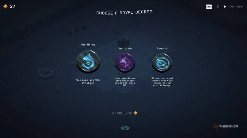 Royal Decree choice screen showing War Horns, Glass Staffs and Eyeglass