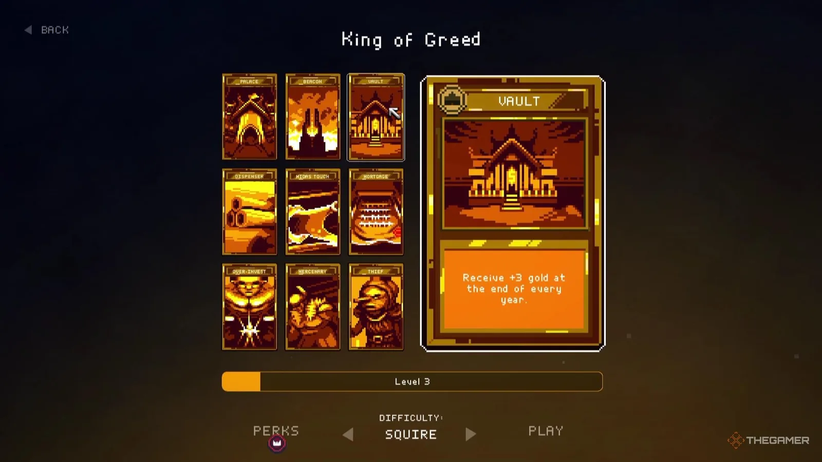 Vault card selected in the King of Greed deck