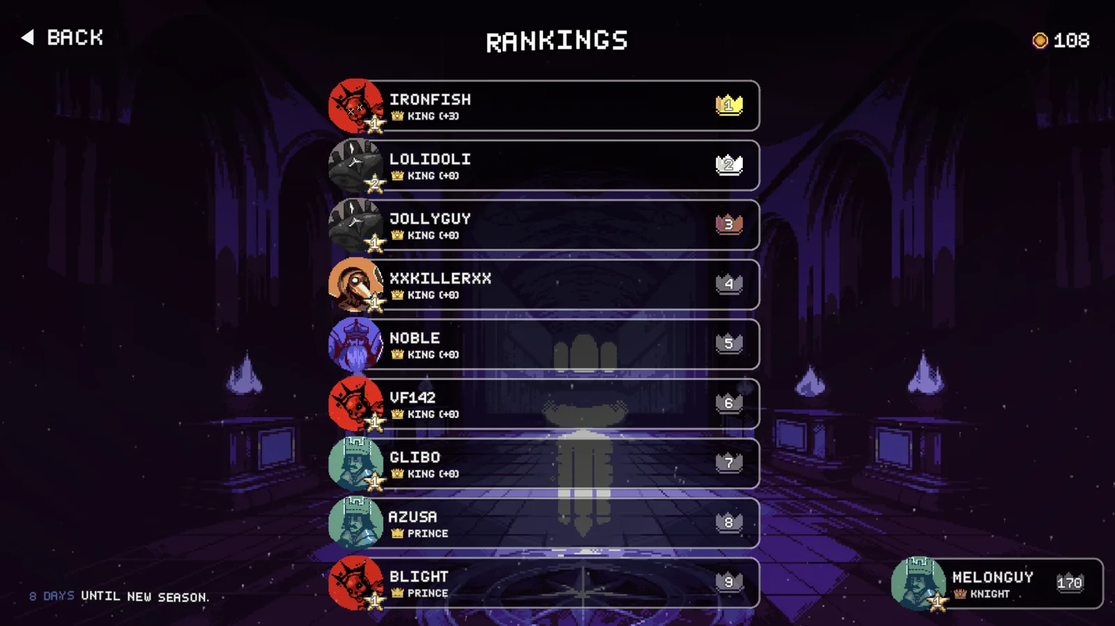 Multiplayer rankings listing player profiles and ranks