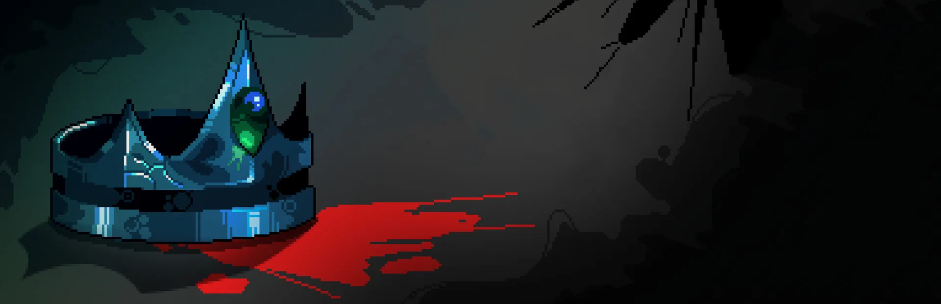 Pixel artwork of a jeweled crown beside a red trail
